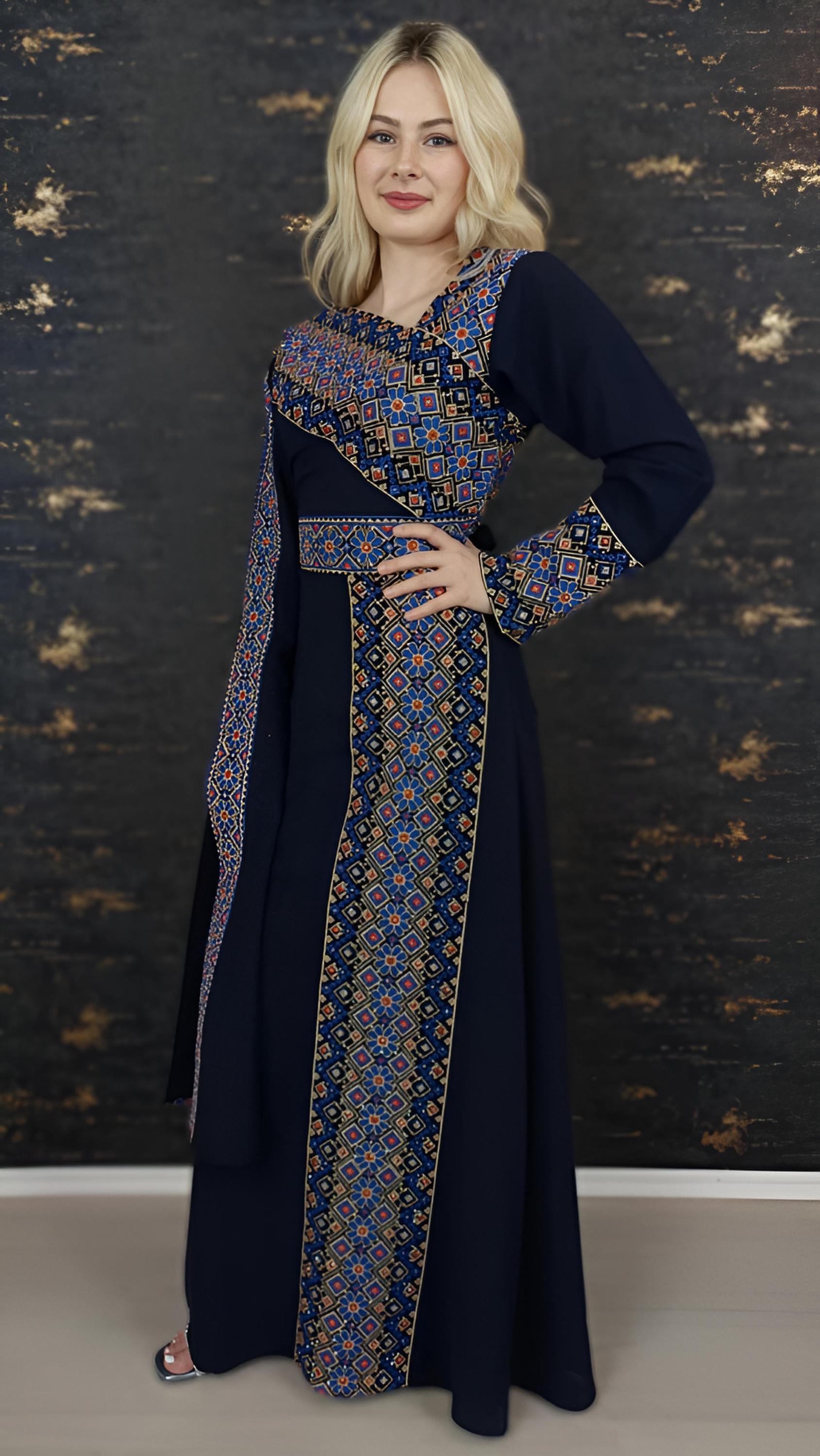 Kaftan Schaza mit Gürtel, dunkelblau, asymmetrischer Halsausschnitt, unterschiedliche Armlängen bunte Stickerei, Kleid für besondere Anlässe __etsy:7773887953