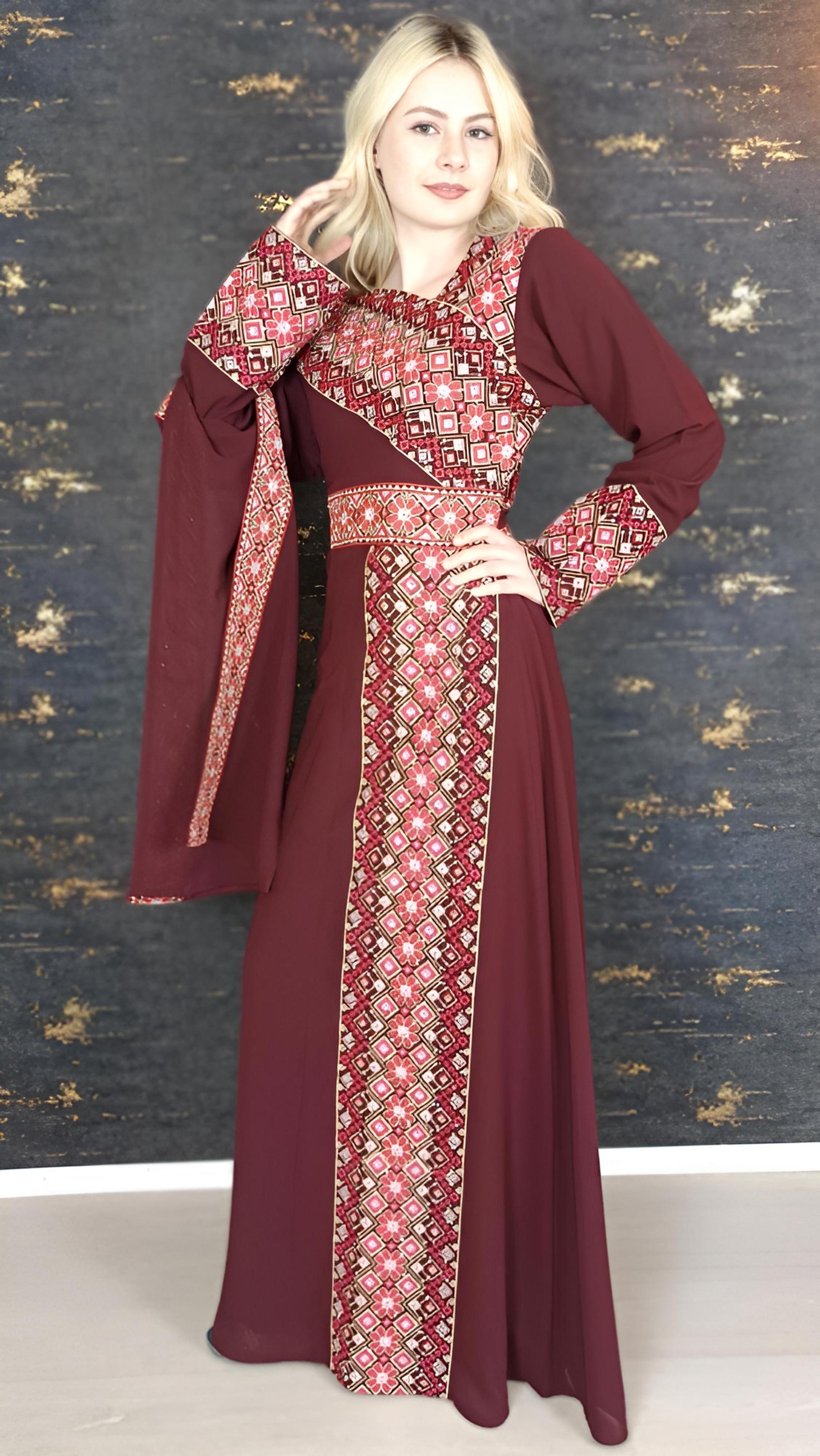 Kaftan Schaza mit Gürtel, weinrot, asymmetrischer Halsausschnitt, unterschiedliche Armlängen, bunte Stickerei, Kleid für besondere Anlässe __etsy:7773910969