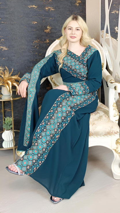 Kaftan Schaza mit Gürtel, petrol, asymmetrischer Halsausschnitt, unterschiedliche Armlängen, bunte Stickerei, Kleid für besondere Anlässe (etsy image id: 7773920187)
