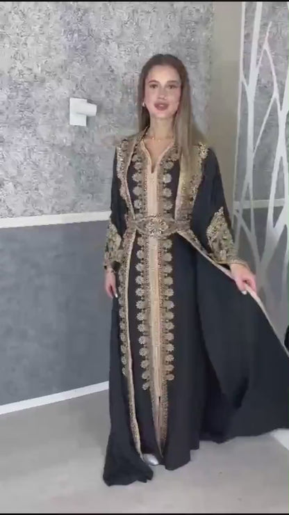 Kaftan Jasmin mit Abaya, schwarz, Butterfly Ärmel, Gold Stickerei, Verlobung, arabischer Kaftan, Jalabiya, Hennakleid, Festkleid, Takshita