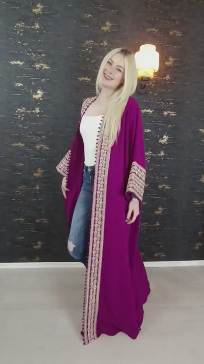 Bisht kleine Blume, Magenta, mit Stickerei in Gold/Silber, Ramadan Abaya, Kaftan Frauen, Hennakleid, Kimono