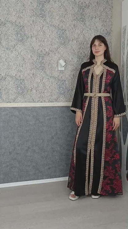 Kaftan rote Blume, Kaftan Frauen, Abaya, Abendkleid, Hochzeit, Abschlußkleid, Dubai Kaftan, Takschita, Hennakleid, Festkleid, arab. Kaftan