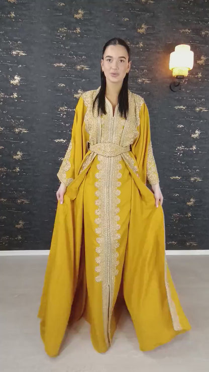 Kaftan Jasmin mit Abaya, gelb, Butterfly Ärmel, Gold Stickerei, Verlobung, arabischer Kaftan, Jalabiya, Hennakleid, Festkleid, Takshita