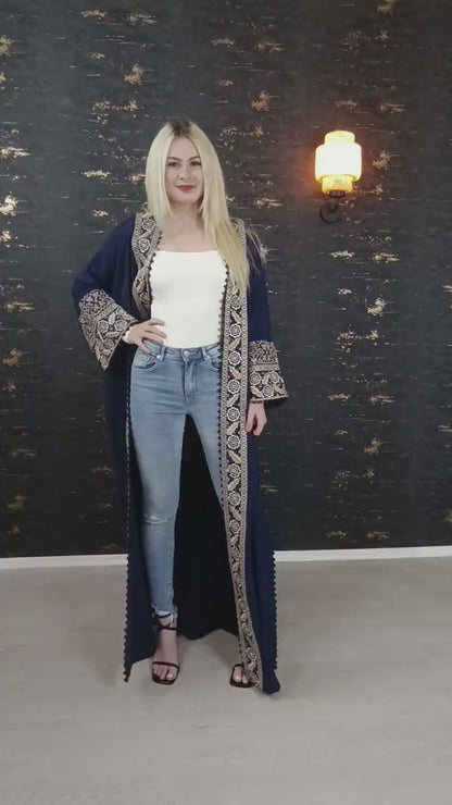 Bisht große Blume, dunkelblau, mit Stickerei in Gold/Silber, Ramadan Abaya, Kaftan Frauen, Hennakleid, Kimono