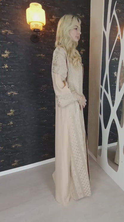 Hanien Kaftan, beige, gold/silber Stickerei, Kaftan Frauen, Abendkleid, Hochzeit, arabischer Kaftan, Takshita, Hennakleid, Abaya, Jalabiya