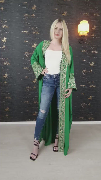 Bisht große Blume, grün, mit Stickerei in Gold/Silber, Ramadan Abaya, Kaftan Frauen, Hennakleid, Kimono