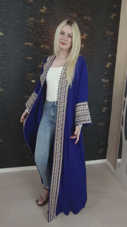 Bisht kleine Blume, Royalblau, mit Stickerei in Gold/Silber, Ramadan Abaya, Kaftan Frauen, Hennakleid, Kimono