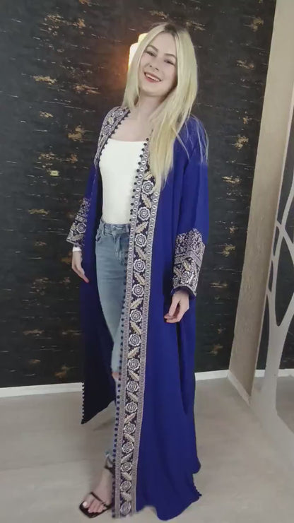 Bisht große Blume, royalblau, mit Stickerei in Gold/Silber, Ramadan Abaya, Kaftan Frauen, Hennakleid, Kimono