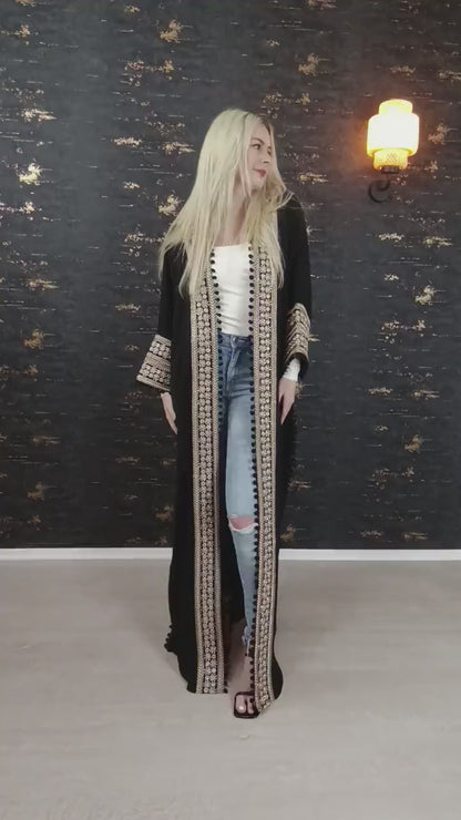 Bisht kleine Blume, Schwarz, mit Stickerei in Gold/Silber, Ramadan Abaya, Kaftan Frauen, Hennakleid, Kimono