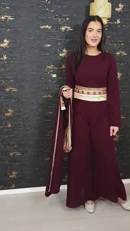 Luxus Overall Dubai, Weinrot, Hosenanzug, Jumpsuit, Kaftan, Hennakleid, Kaftan Dress, Kaftan Frauen, Abendkleid, Verlobung, Abschlusskleid