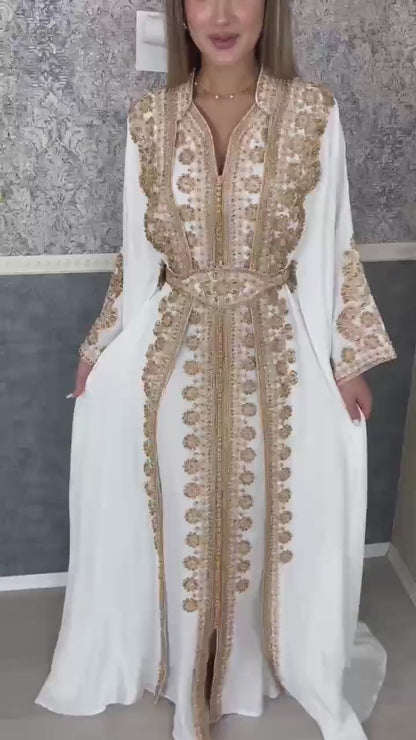 Kaftan Jasmin mit Abaya, silbergrau, Butterfly Ärmel, Gold Stickerei, Verlobung, arabischer Kaftan, Jalabiya, Hennakleid, Festkleid,Takshita