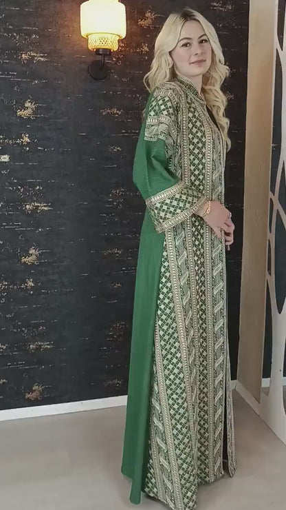 bestickter Kaftan, Hanien grün, Kaftan Frauen, Abendkleid, Hochzeit, marokkanischer Kaftan, arabischer Kaftan, Takshita, Henna Kleid, Abaya