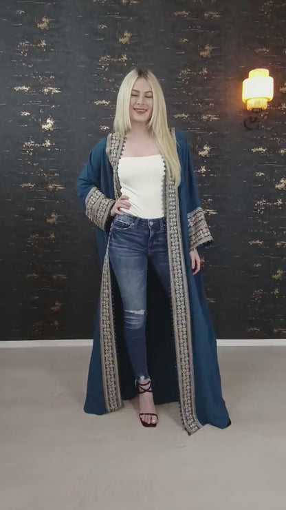 Bisht kleine Blume, Petrol, mit Stickerei in Gold/Silber, Ramadan Abaya, Kaftan Frauen, Hennakleid, Kimono