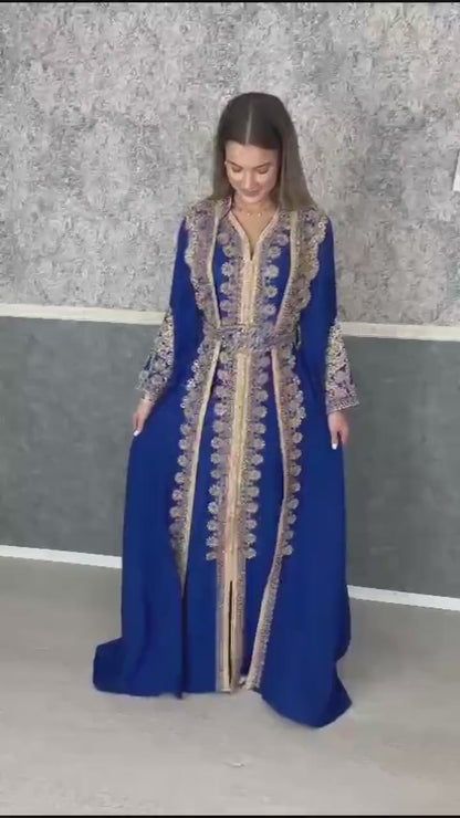 Kaftan Jasmin mit Abaya, royalblau, Butterfly Ärmel, Gold Stickerei, Verlobung, arabischer Kaftan, Jalabiya, Hennakleid, Festkleid, Takshita