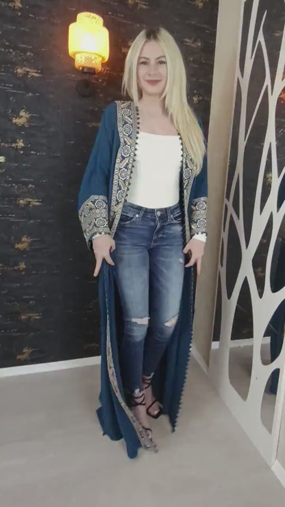 Bisht große Blume, petrol, mit Stickerei in Gold/Silber, Ramadan Abaya, Kaftan Frauen, Hennakleid, Kimono