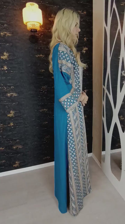 bestickter Kaftan, Hanien Türkis, Kaftan Frauen, Abendkleid, Hochzeit, marokkanischer Kaftan, arabischer Kaftan, Takshita, Hennakleid, Abaya