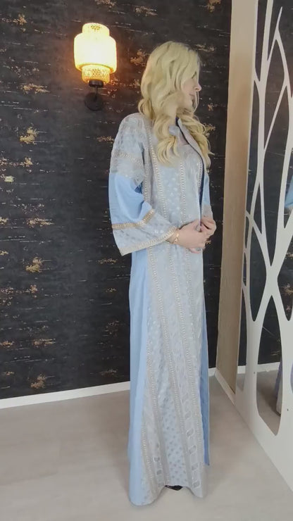 bestickter Kaftan, Hanien hellblau, Kaftan Frauen, Abendkleid, Hochzeit, marokkanische Kaftan, arabische Kaftan, Takshita, Hennakleid, Abaya
