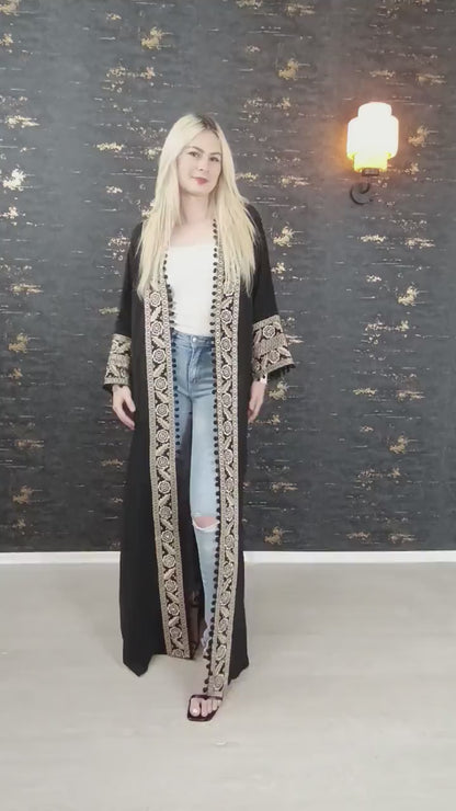 Bisht große Blume, schwarz, mit Stickerei in Gold/Silber, Ramadan Abaya, Kaftan Frauen, Hennakleid, Kimono