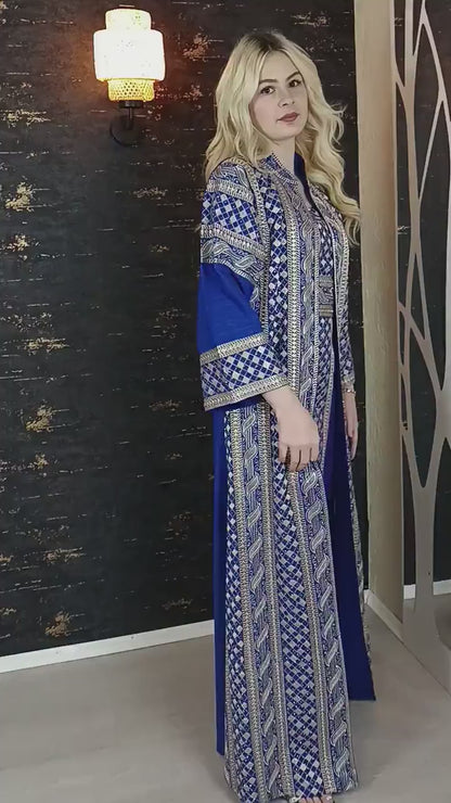 bestickter Kaftan, Hanien blau, Kaftan Frauen, Abendkleid, Hochzeit, marokkanischer Kaftan, arabischer Kaftan, Takshita, Hennakleid, Abaya