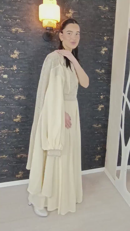 Overall Sindibad mit Abaya, creme/beige, Hochzeit, Hosenanzug, Jumpsuit, Dubai Kaftan, Hennakleid, Kaftan Dress, Kaftan Frauen, Abendkleid