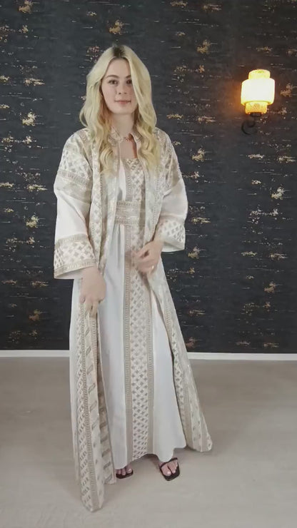 Bestickter Kaftan, Hanien Weiß, Kaftan Frauen, Abendkleid, Hochzeit, marokkanischer Kaftan, arabischer Kaftan, Takshita, Henna Kleid, Abaya
